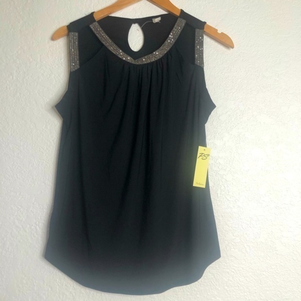 Per Seption Black Rhinestone Collar Black Top Blouse M